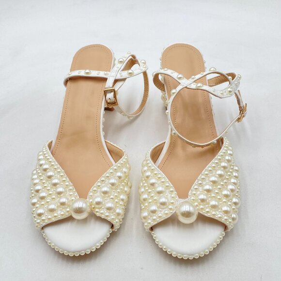 White Chunky Heel Open Toe Elegant Multi-sized Pearls Ankle Strap Sandals Dress - Picture 2 of 7